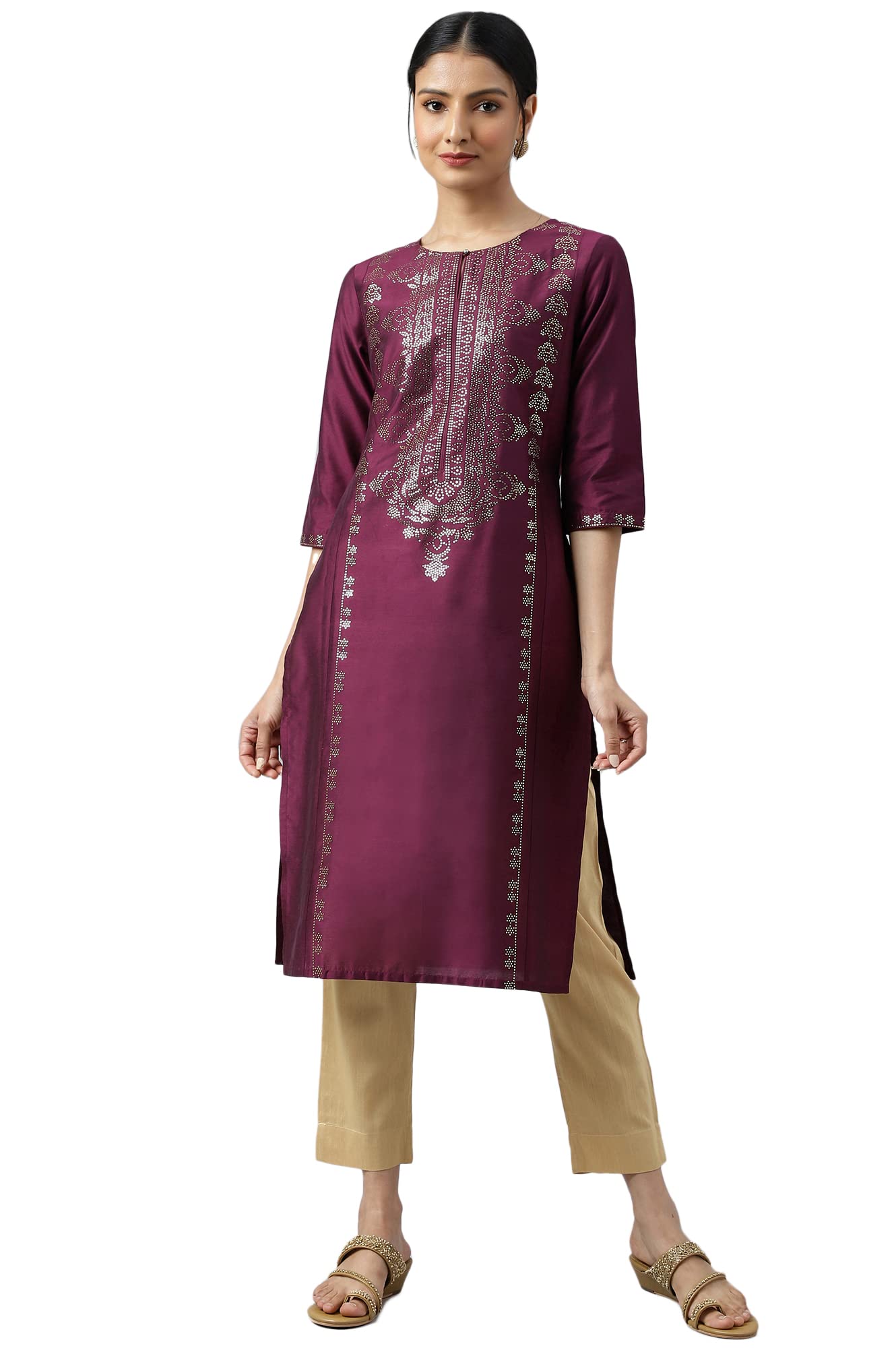 W for Woman Dark Pink Mukaish Placement Print Kurta