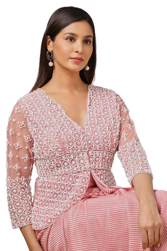 Soch Womens Peach Satin Embellished Ready-To-Wear Saree With Jacket