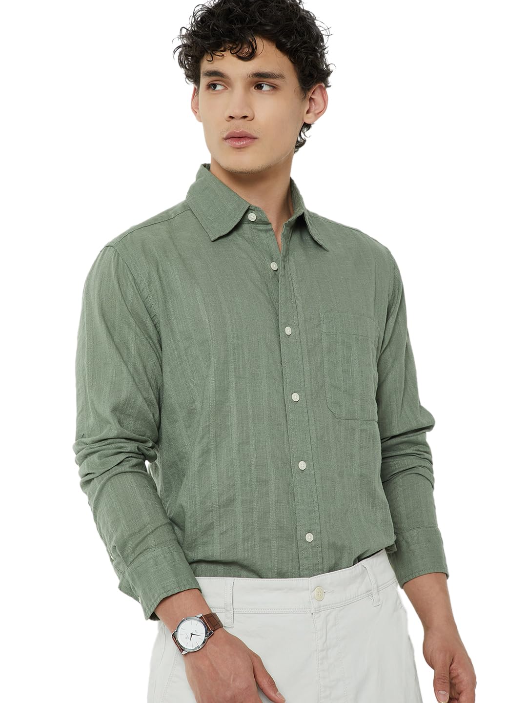 Max Men Striped Regular Fit Shirt(Green_S)