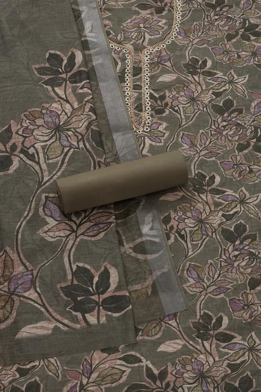 Soch Womens Olive Linen Floral Unstitch Dress Material With Beads And Stones