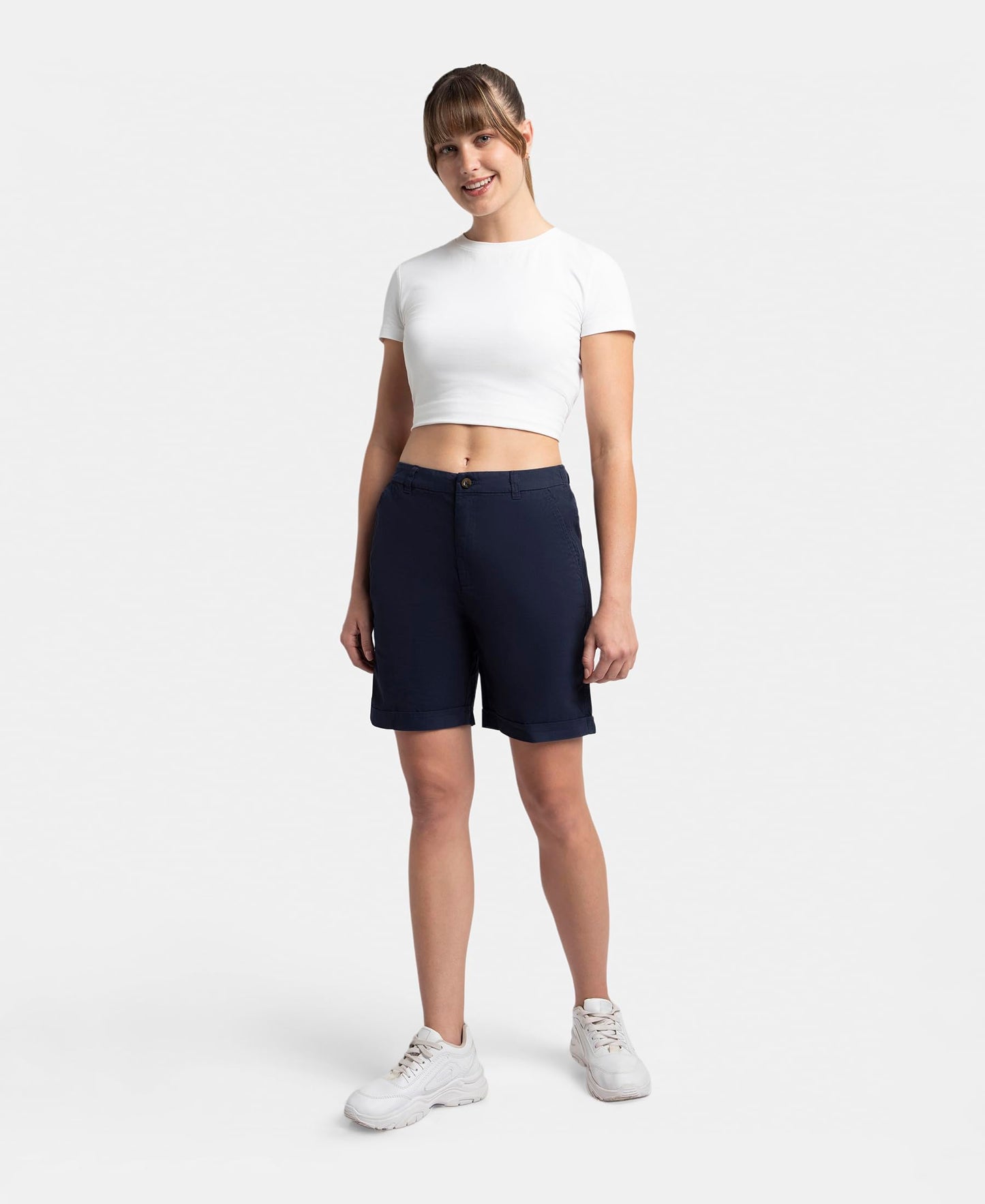 Jockey A125 Women's Super Combed Cotton Woven Twill Fabric Relaxed Fit Shorts with Convenient Side Pockets_Navy Blazer_M