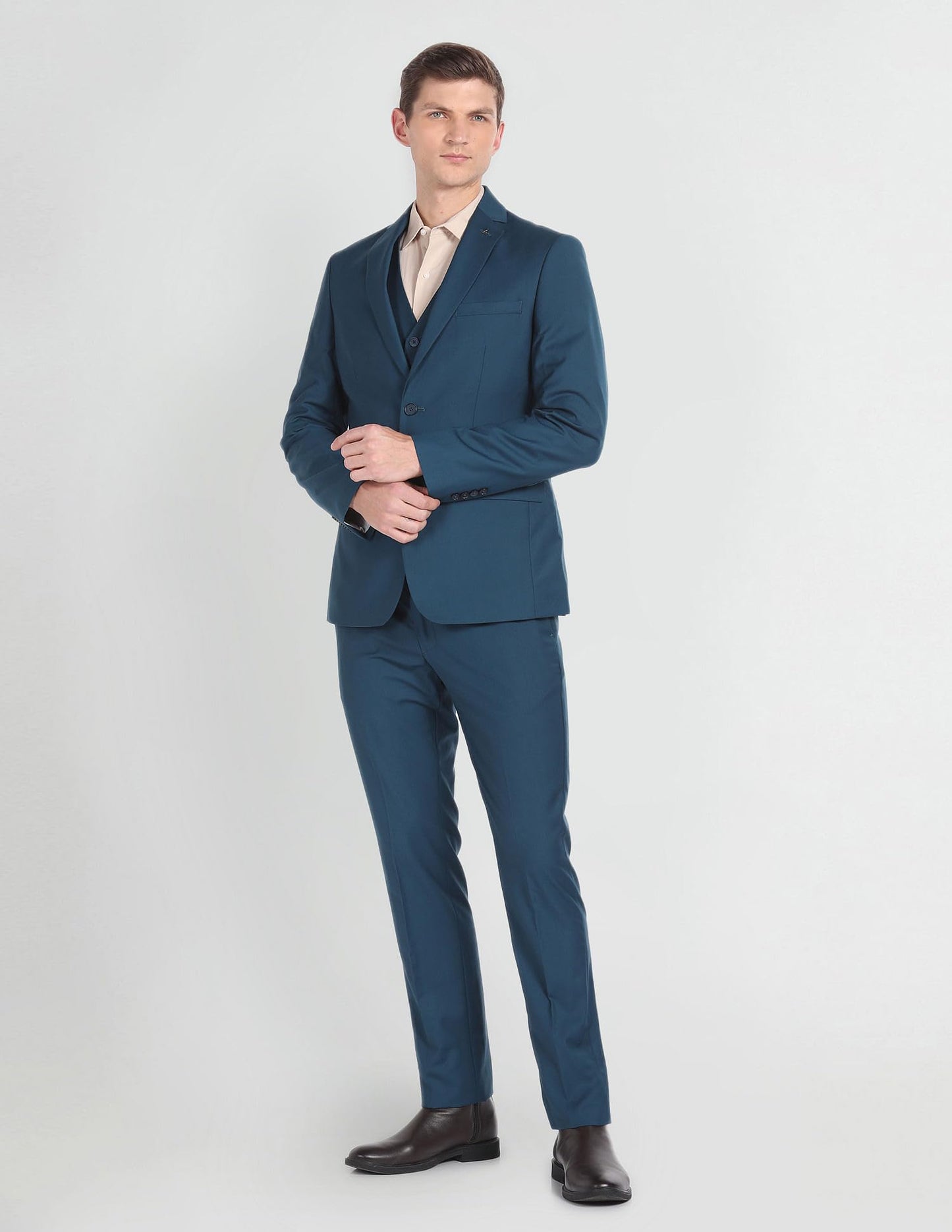 Arrow Men's Polyester Double Breasted Business Suit Pants Set (ARAGSU5585_Teal