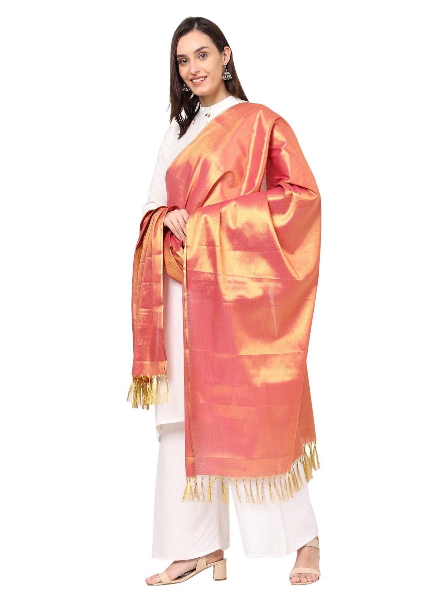 Fashily Womens Soild Silk Plain Dupatta|Shiny Jari Dupatta|Length 2.25M (Golden Rani)