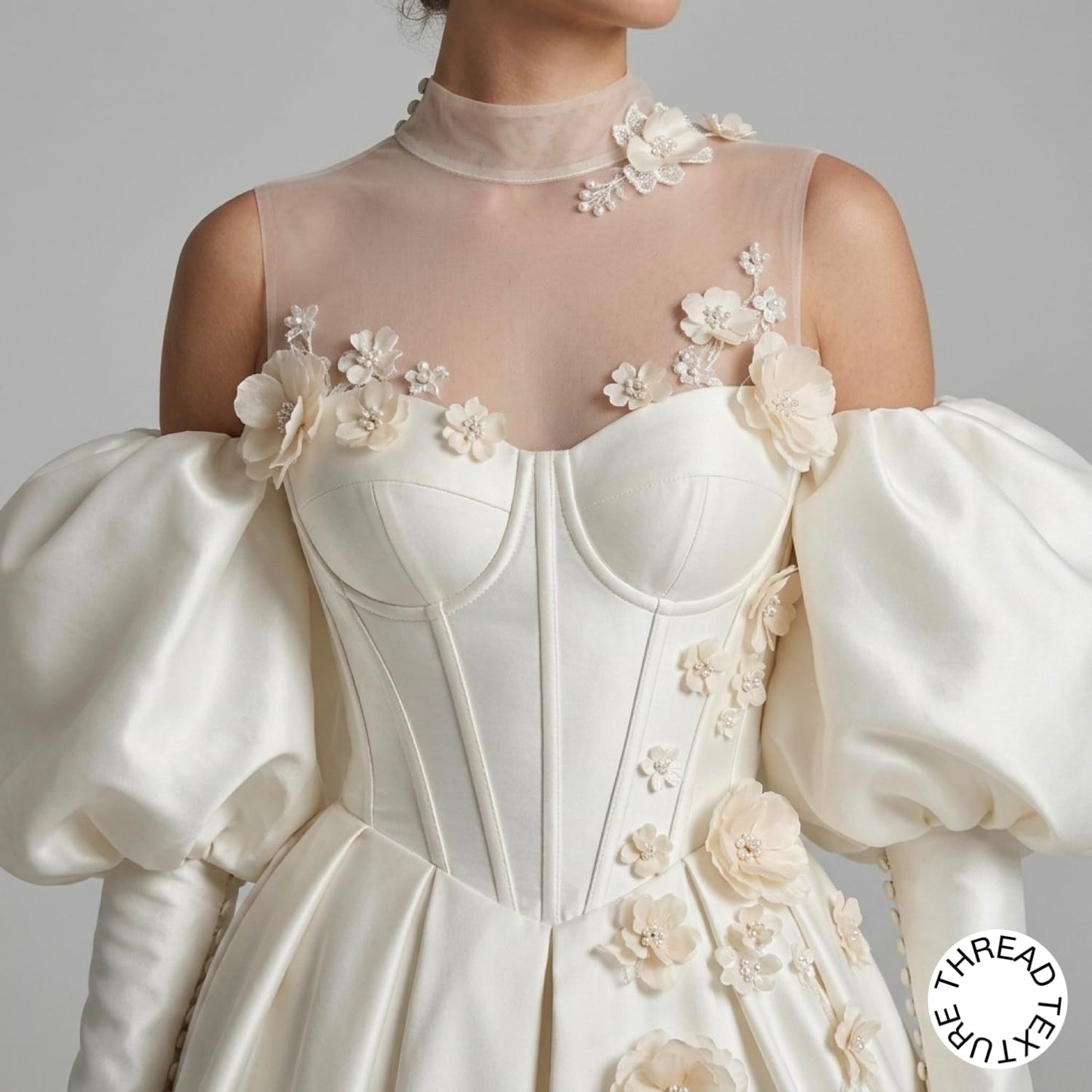 ThreadTexture Women's Avant-Garde Illusion High Neck 3D Floral Appliques Off-the-Shoulder Puff Sleeves High Slit Wedding Gown White (in, Alpha, S, Regular, White, Designer Shivay)