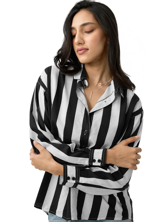 The Souled Store Stripe Shirt: Black, White Women and Girls Long Sleeves Collared Neck Button Front Viscose Blend Boyfriend Shirts