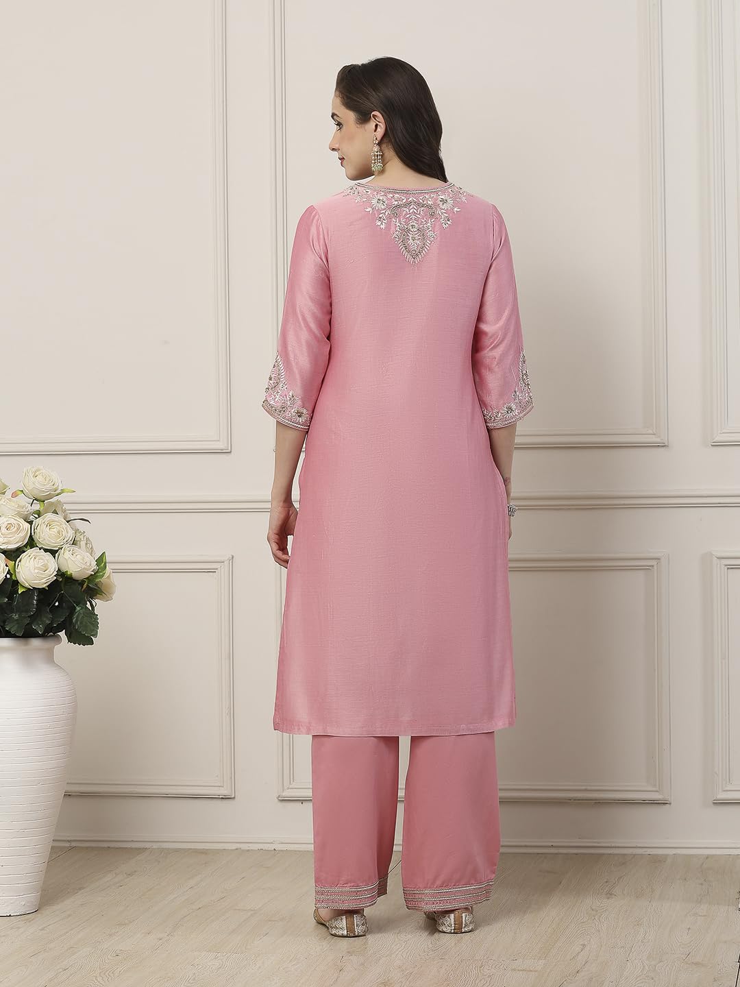 Biba Women Pink Silk Chanderi Straight Suit Set_34