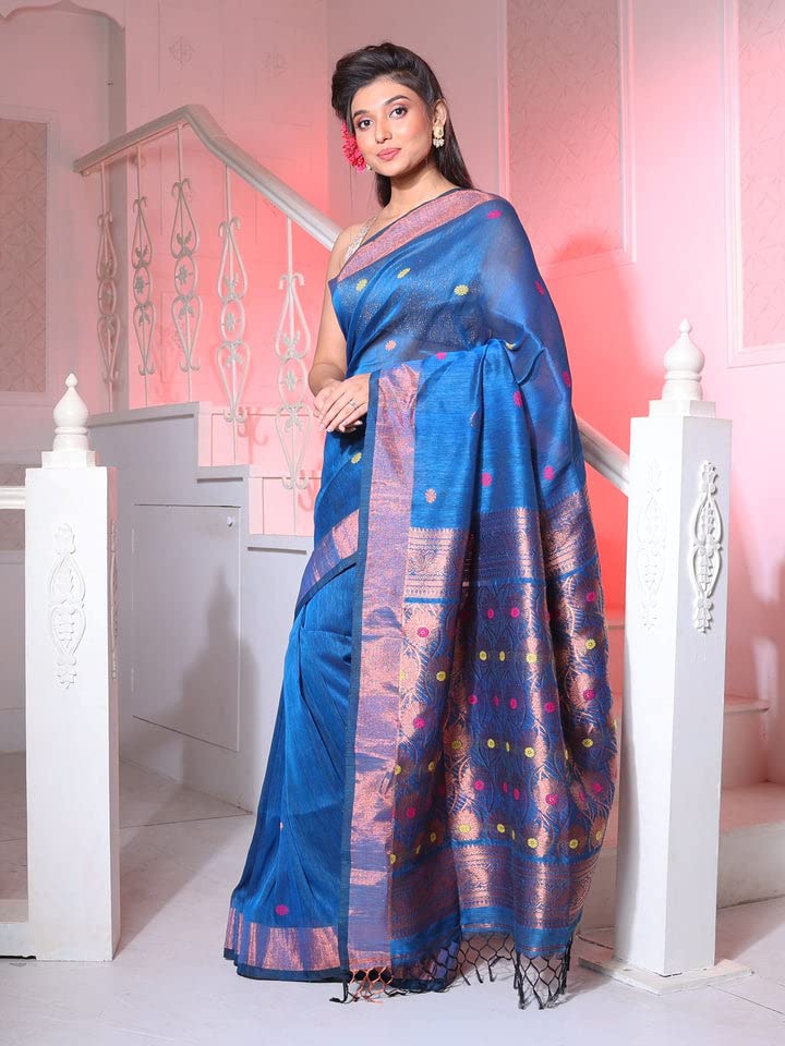 Sareekatha Women's Linen Handloom Saree With Unstitched Blouse Piece. (Sky)