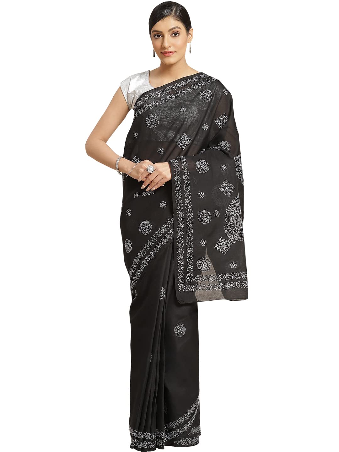 Ada Lucknowi Hand Embroidered Chikankari Women's Cotton Saree with Unstitched Blouse A311180 Black