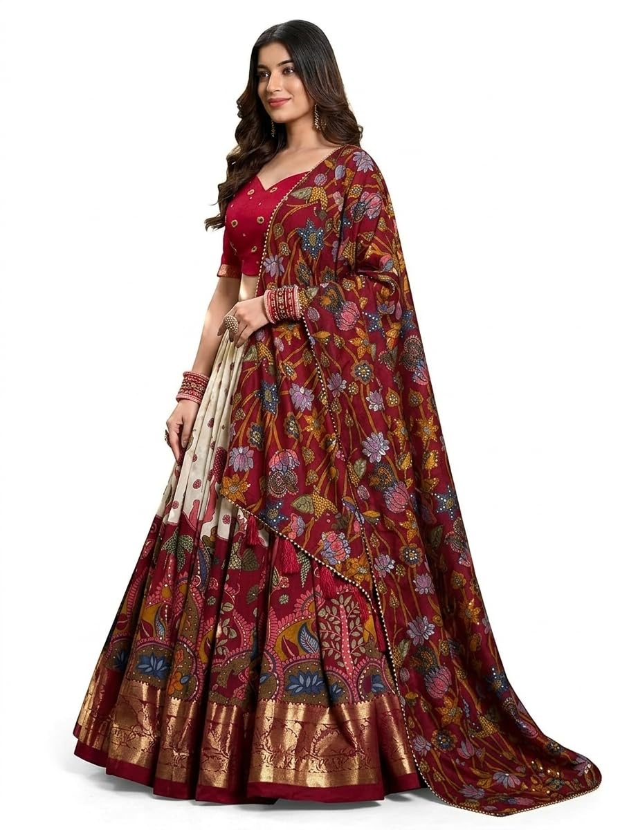LooknBook Art Women Silk Unstitched Lehenga Choli (ARD1219OWT_Off White_Free Size)
