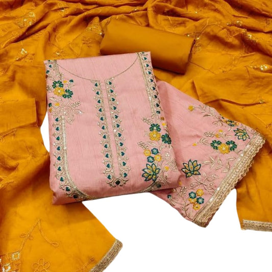 VARNI FABRICS Coco Silk Dress Material for Women Embroidered Unstitched Woman Salwar Suit Dress Material With Cotton Dupatta Paech Pink