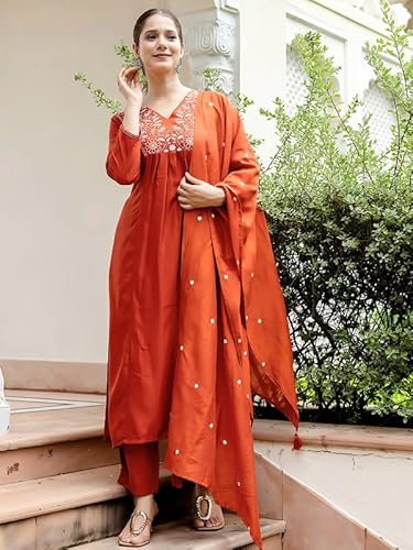 AVYUKTHA | Women Ethnic Motifs Embroidered Kurta with Trors & Dupatta | Traditional Thread Work Kurta Set for Festive & Daily | Orange | Size- S