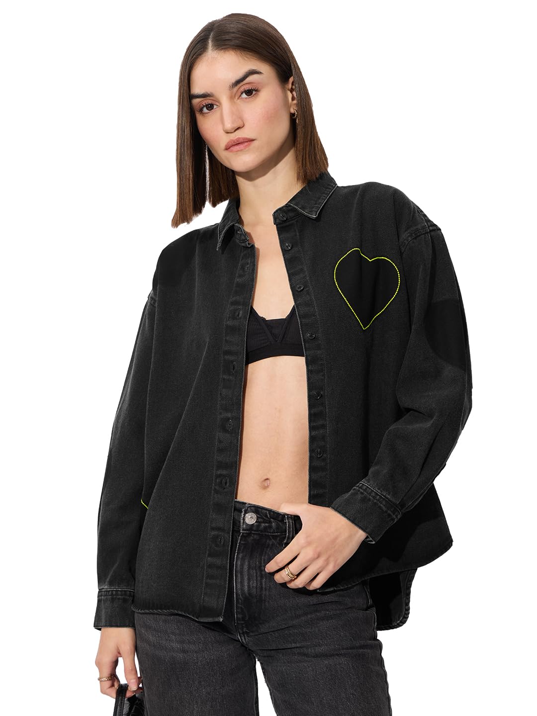 The Souled Store Originals: Little Hearts Denim Women and Girls Long Sleeve Oversized Fit Cotton Shackets