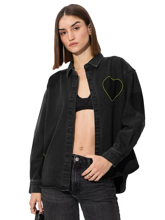 The Souled Store Originals: Little Hearts Denim Women and Girls Long Sleeve Oversized Fit Cotton Shackets