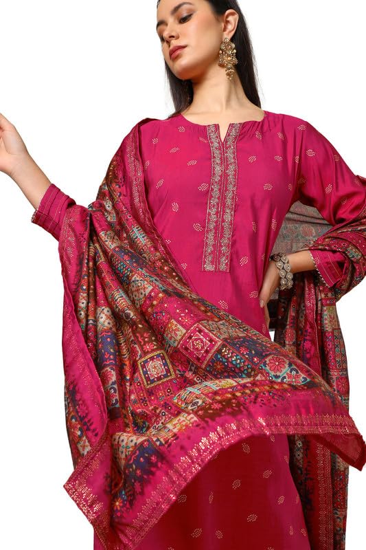 Soch Womens Fuchsia Muslin Blend Bandhani Print Suit Set With Sequins