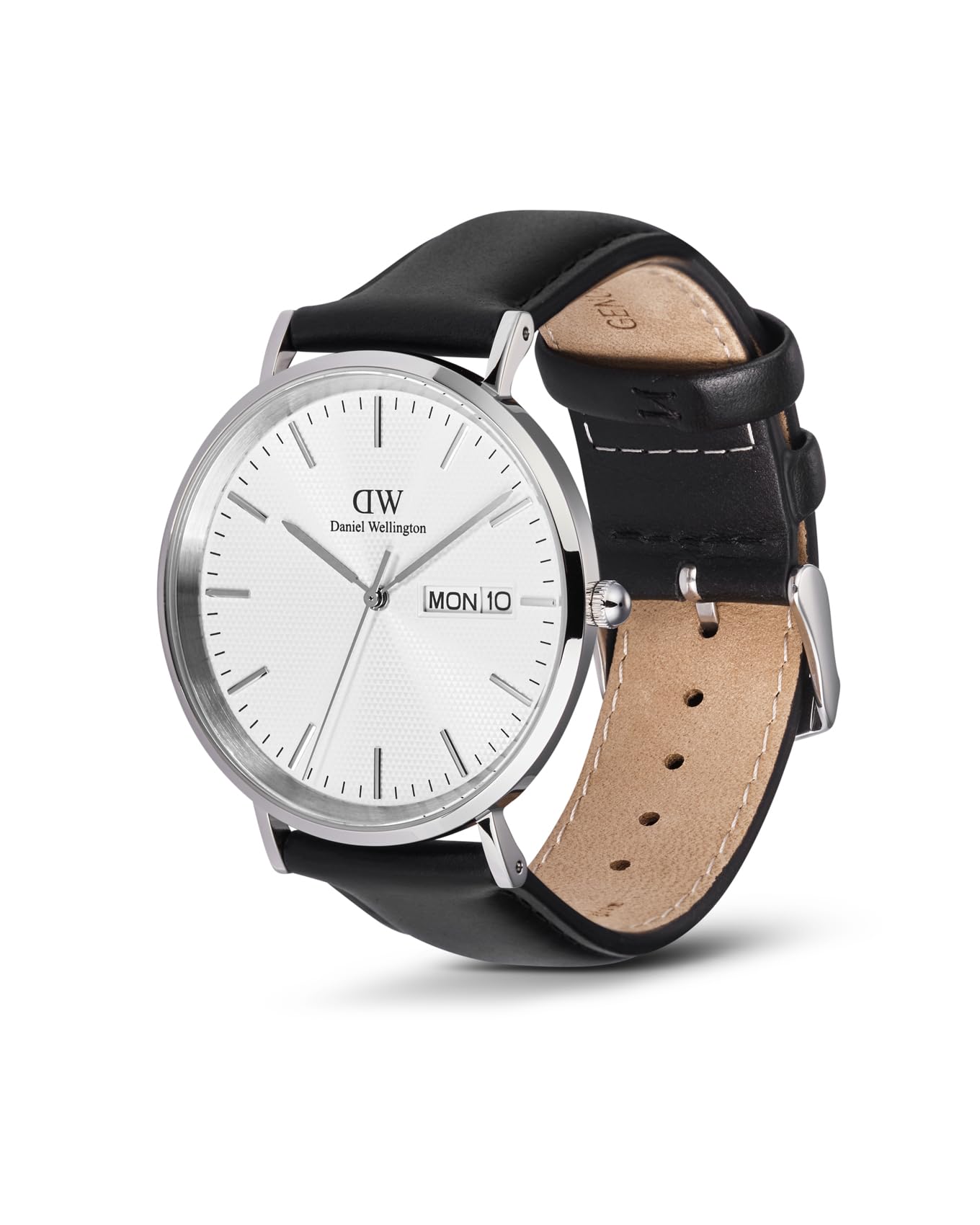 Daniel Wellington Classic Extension Analogue Watch for Man with Silver Round Dial & Black Leather Strap Band Water Resistant Men's Wrist Watches - DW00100832K