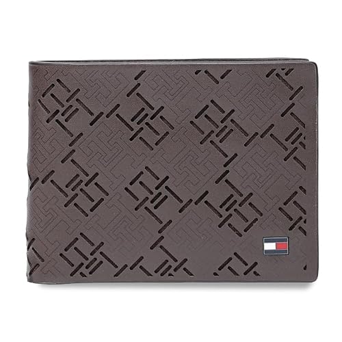 Tommy Hilfiger Men's Leather Wallet Strovolos | Laser-Detailed Brown Bi-Fold with Global Coin Pocket | Stylish Purse for Gents