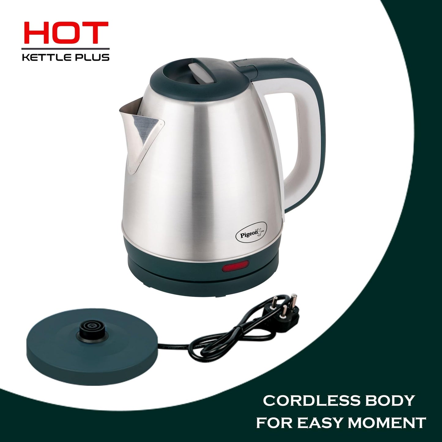 Pigeon by Stovekraft Hot Plus Electric Kettle (16245) with Stainless Steel Body, 1.5 litre, used for boiling Water, making tea and coffee, instant noodles, soup etc. (Green)