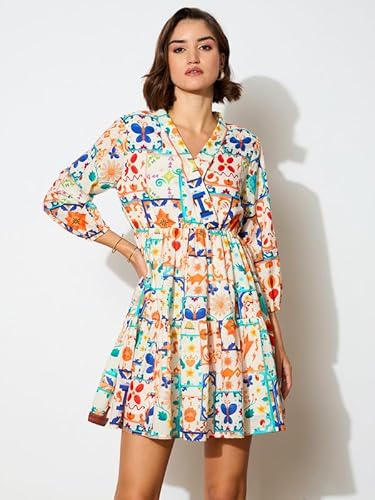barcino Motif Printed Shawl Collar Tiered Dress Multicolor