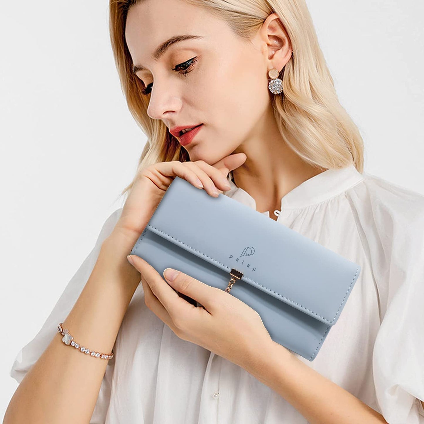 PALAY® Women's PU Leather Long Wallet with Leaf Pendant Card Holders Phone Pocket Girls Zipper Coin Purse (Blue)
