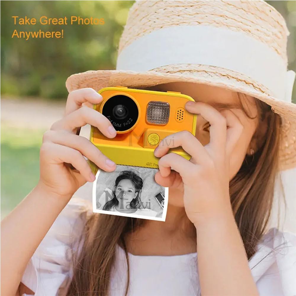 MANVI Instant Print Camera for Kids, 48 MP Print Camera for Boys & Girls, 1080P Video Recoding Camera with 3 Printing Rolls (Yellow)