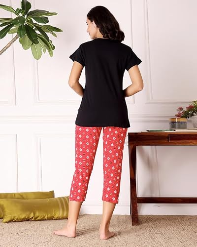 BODYCARE Women's Cotton Printed T-Shirt and Capri Set | Soft & Breathable Nightwear | Short Sleeves | Loungewear Co-Ord Set| BSCS16022_85 Multicolour