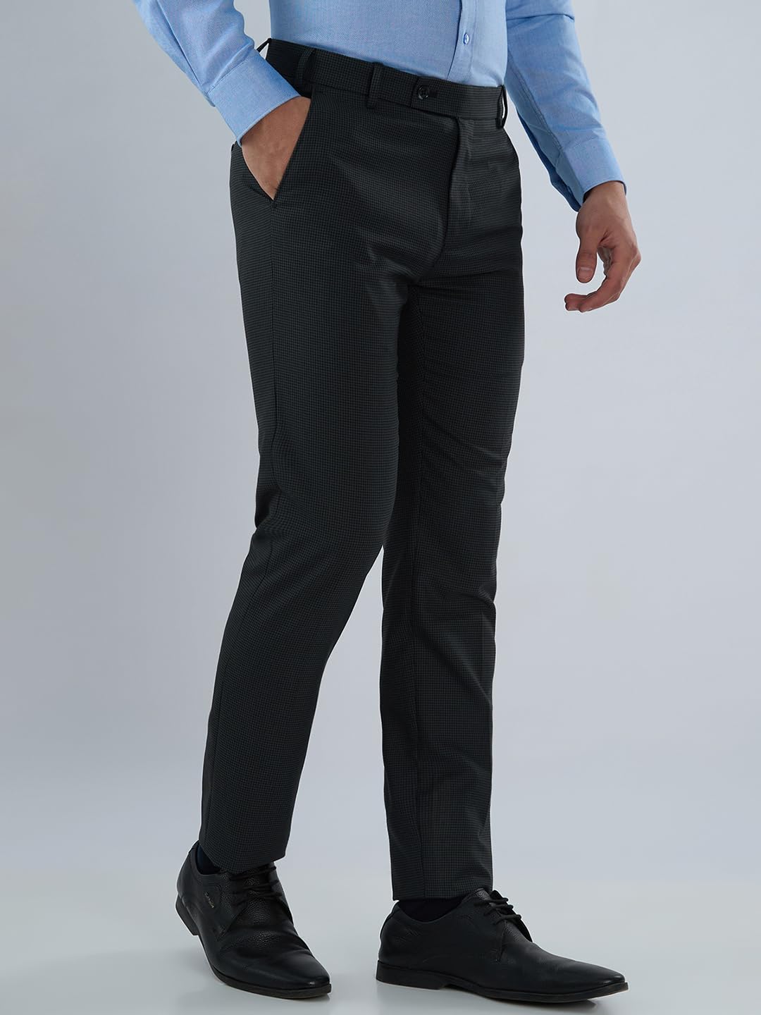Raymond Men’s Slim Fit Formal Trousers, Poly Viscose Blend, Checked Pattern Design, Office Wear | Dark Grey