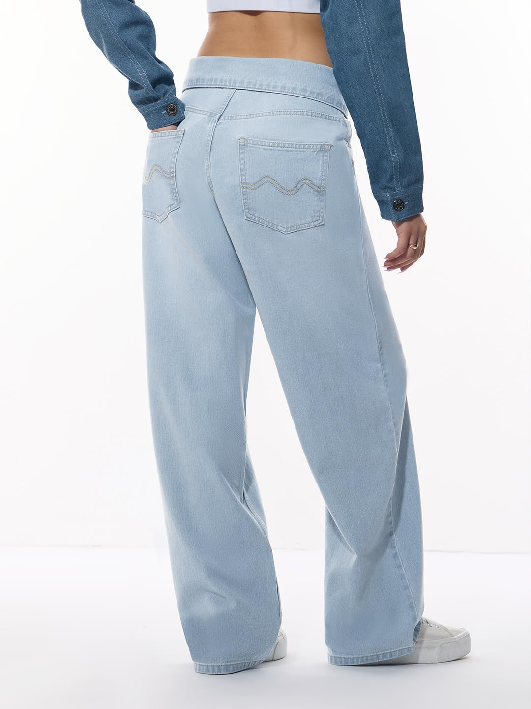 The Souled Store Baggy-Fit Denim: Cloudy Women and Girls Buttoned Waistband Light Blue Washed Cotton Denim Baggy Fit Asymmetric Crossover Waistband Lightweight Everyday Jeans