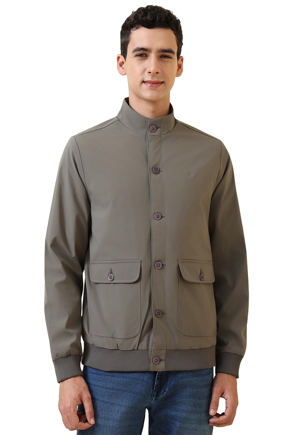 Allen Solly Men's High Neck Solid Bomber Jacket | Non Hooded | Standard Length A-Line Style With Welt Pocket