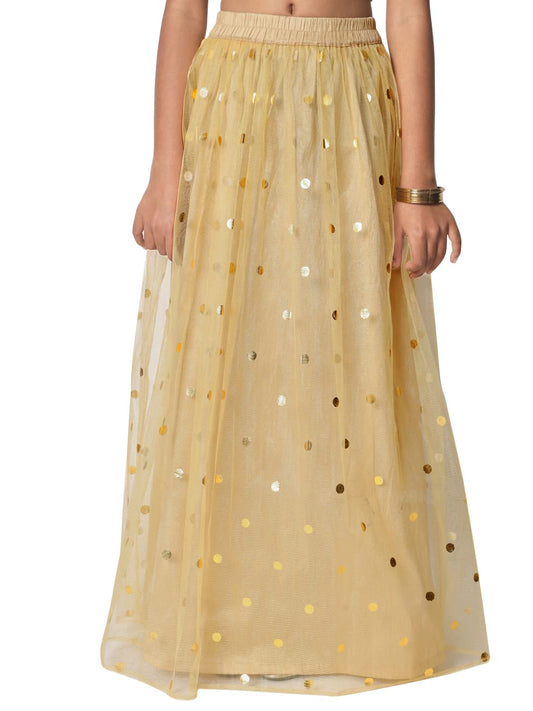 studio rasa Girls Net Polka Foil Printed Kids Gathered Skirt for Festive Wedding Party (GSC12306/7-8_Beige_7-8Y)