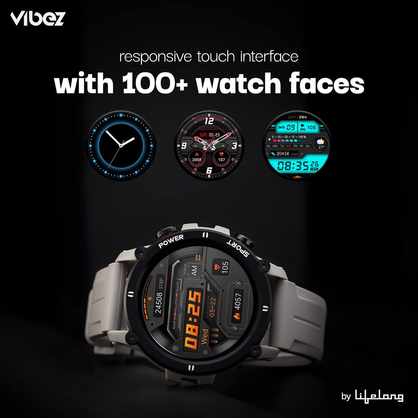 Vibez by Lifelong Haile Smartwatch For Men with HD Display|24x7 Heart Rate & Blood Oxygen Tracking|24 Sports Mode|Sleep Monitor|IP67 Waterproof|7 days Battery Backup (VBSWM1008, 1 Year Manufacturer Warranty, Grey)