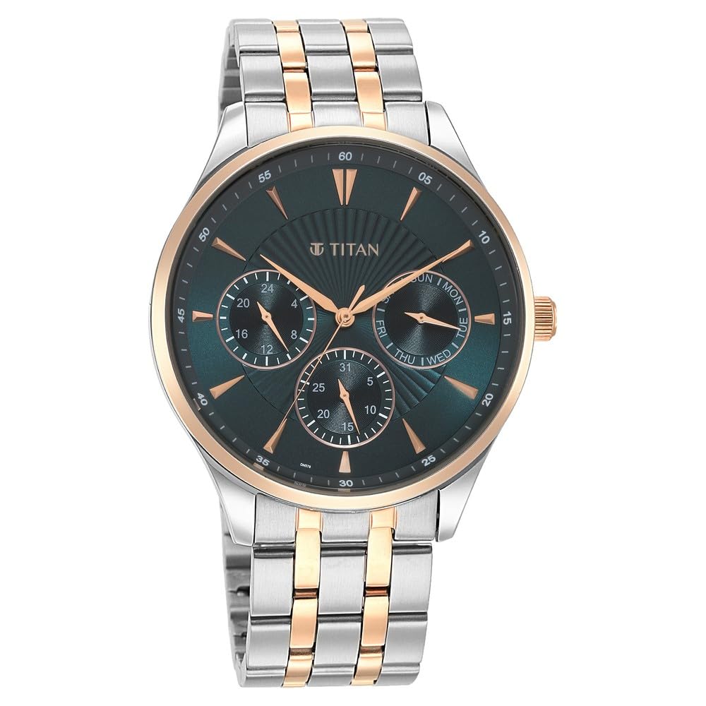 Titan Regalia Opulent LII Quartz Multifunction Teal Green Dial Two Toned Silver and Rose Gold Stainless Steel Strap Watch for Men - NT90127KM02