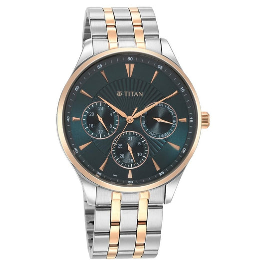 Titan Regalia Opulent LII Quartz Multifunction Teal Green Dial Two Toned Silver and Rose Gold Stainless Steel Strap Watch for Men - NT90127KM02