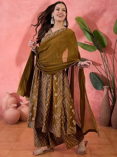 AVYUKTHA Silkkurta Palazzo & Dupatta Set For Womens | Regular Fit | 3/4 Sleeve | V Neck | Printed Embroidery | Lightweight & Comfortable | Ethenic Dress | Ideal For Weddings & Parties | M | Mustard