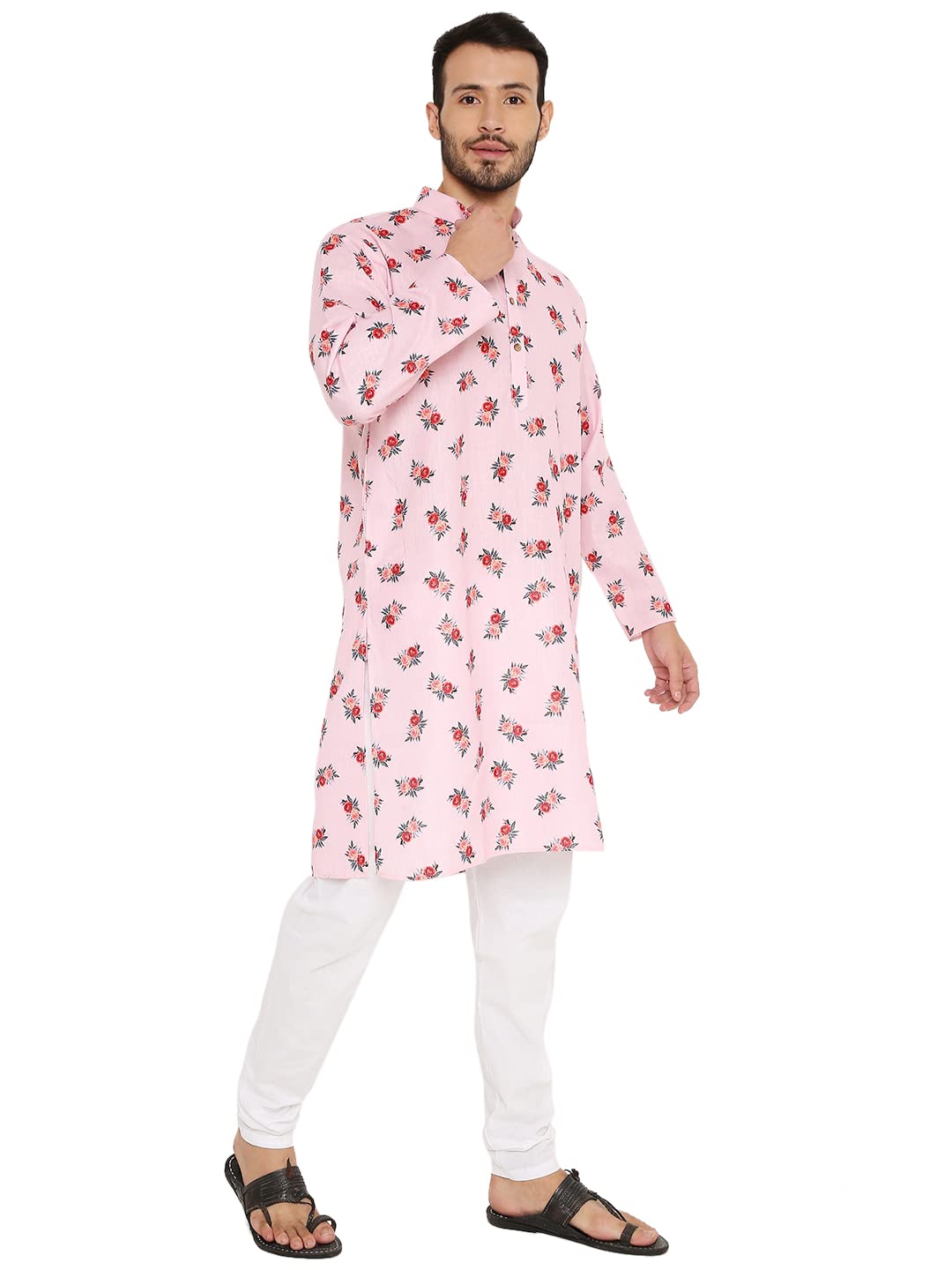 LUCKWIN Linen Regular Fit, Mandarin Collar, Floral Print Kurta Pajama Set in Pink for Men [LWKP162-42-2023]