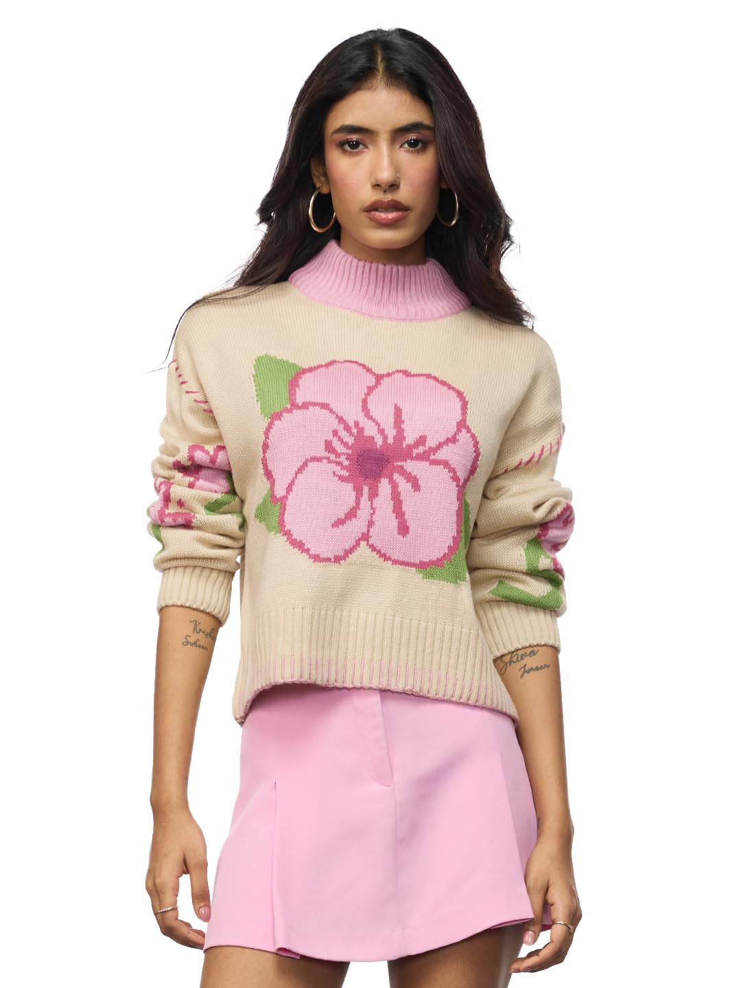 The Souled Store Originals : Road to Bloom Cable Knit Women Oversized Sweater Beige