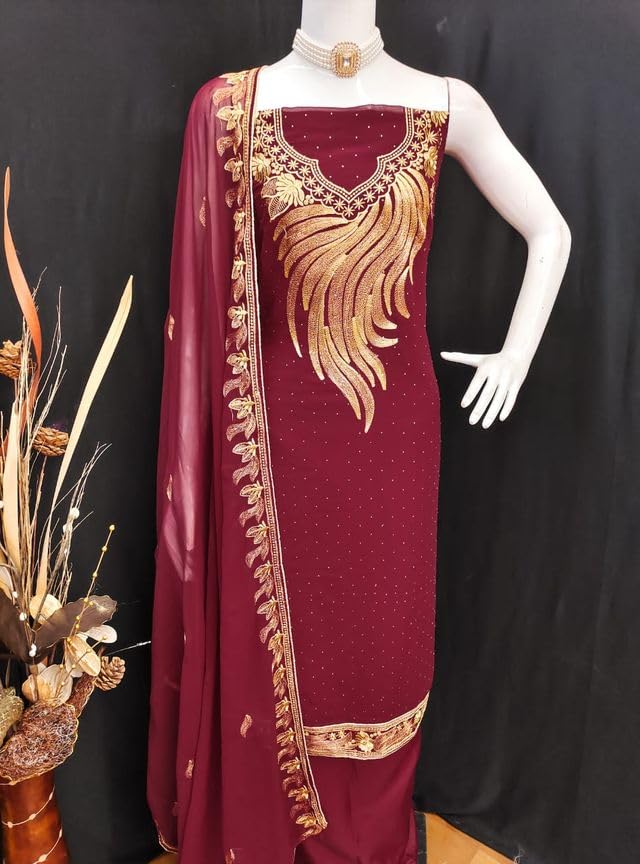 VARNI FABRICS Georgette Dress Material for Women Embroidered Unstitched Woman Salwar Suit Dress Material With Georgette Dupatta Deep Maroon