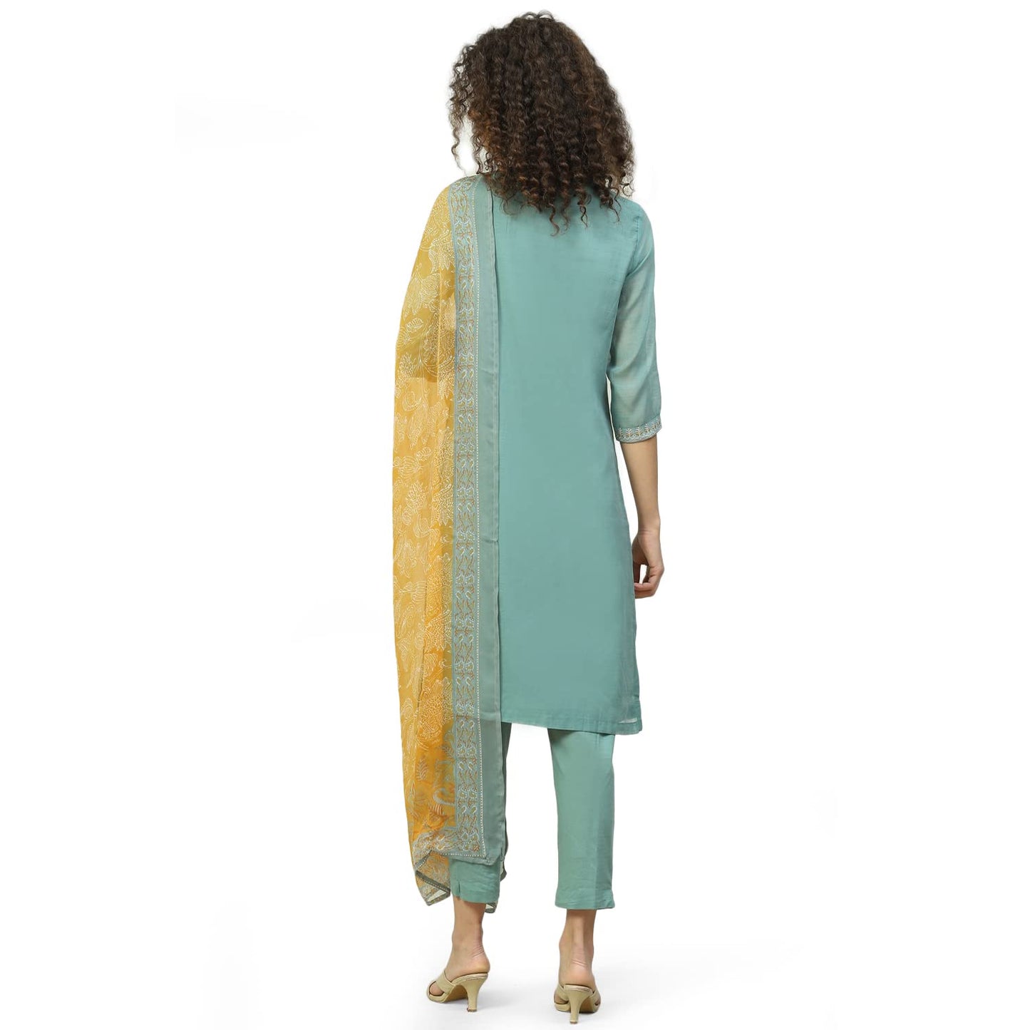 BIBA Women's Sage Green Art Silk Straight Kurta Slim Pant Suit Set