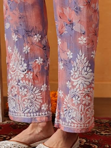 Ada Hand Embroidered Lucknowi Chikankari Printed Cotton Kurta with Pant Co-Ord Set for Women A811313 Light Purple & Peach (2XL)