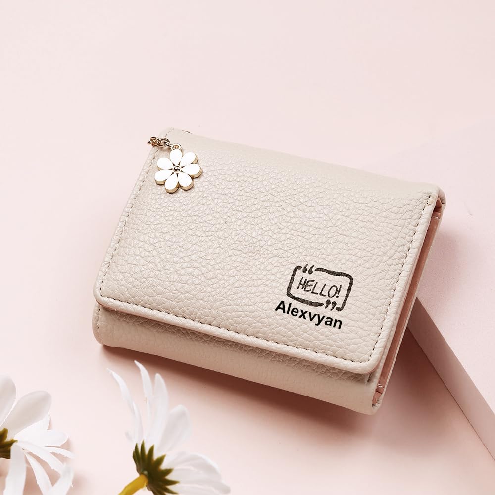 Alexvyan Hello Small Tri-Fold Women's Purse Wallet Card Organizer Female Hand Purse Clutch Women/Ladies/Girls Wallets 5 Card Holder 1 Long & 1 Small Pocket (Off White)