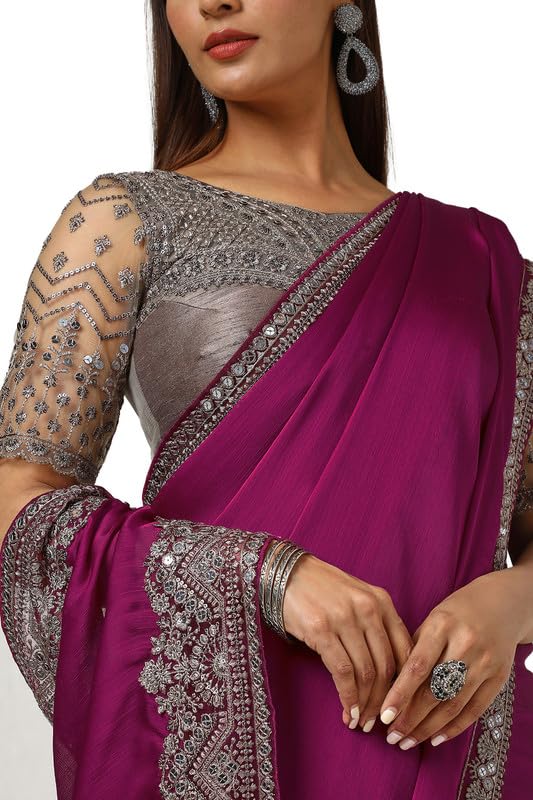 Soch Womens Wine Crepe Embroidered Saree With Sequins