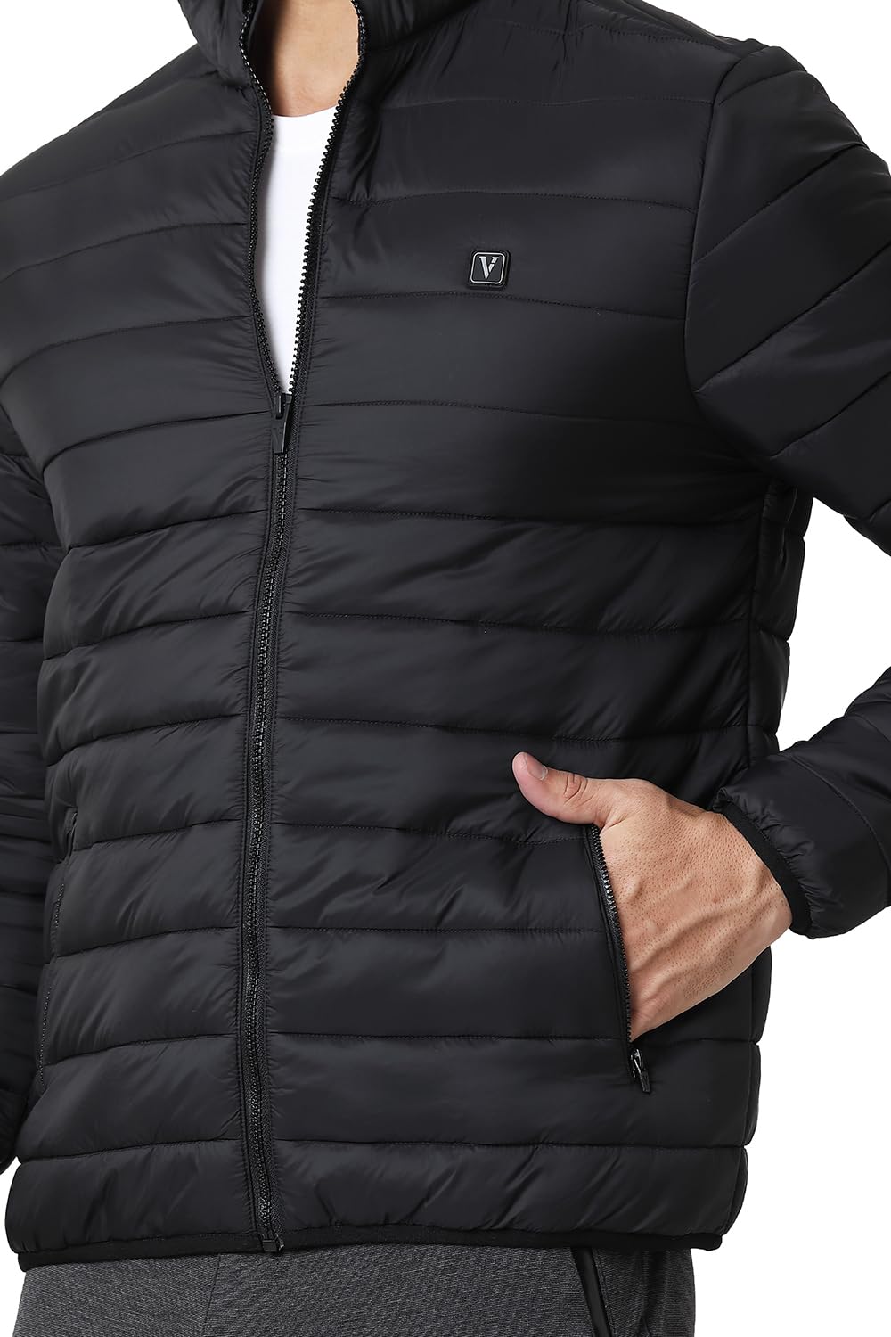 Van Heusen Men Athleisure Extra Warm Woven Standard Length Jacket - 100% Nylon - High Neck, Zip Front, Sleeveless_80006_Black_L