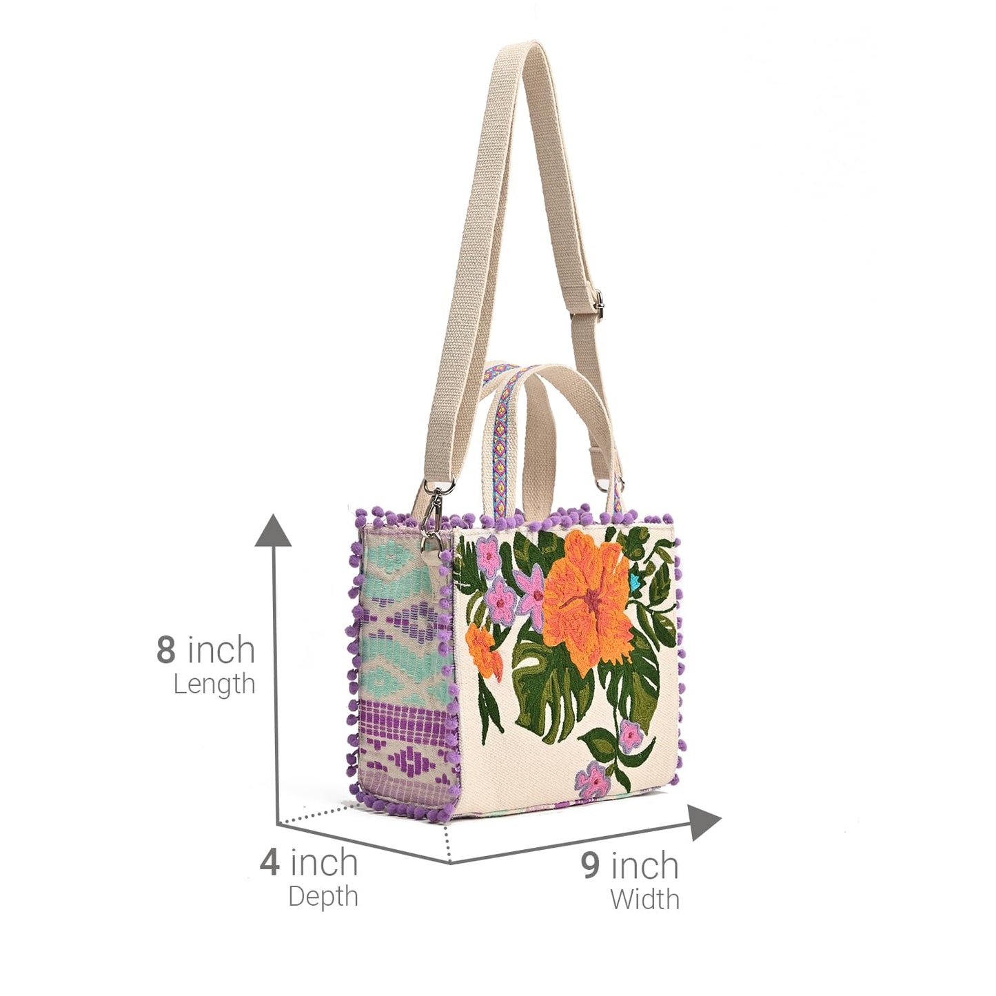 Boho Girl Lavender Blooms Embellished Jacquard Mini Tote for Women with Adjustable Strap | Ladies Purse Handbag | Wedding Gifts for Women | Birthday Gifts for Women | Handbag with Zip(BGB23-050)