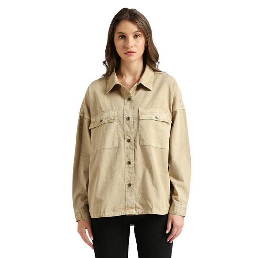 Pepe Jeans Women's Solid Oversized Fit Shirt (PL304910_Beige