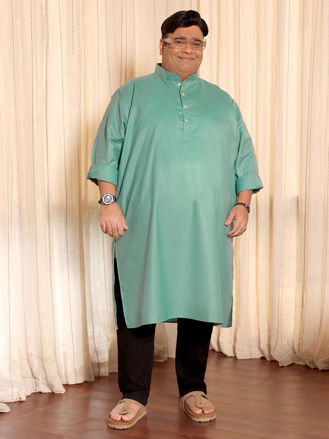 Bigbanana Plus Size Men's Cotton Blend Regular Fit Kurta (Ullas,Turquoise,4XL)