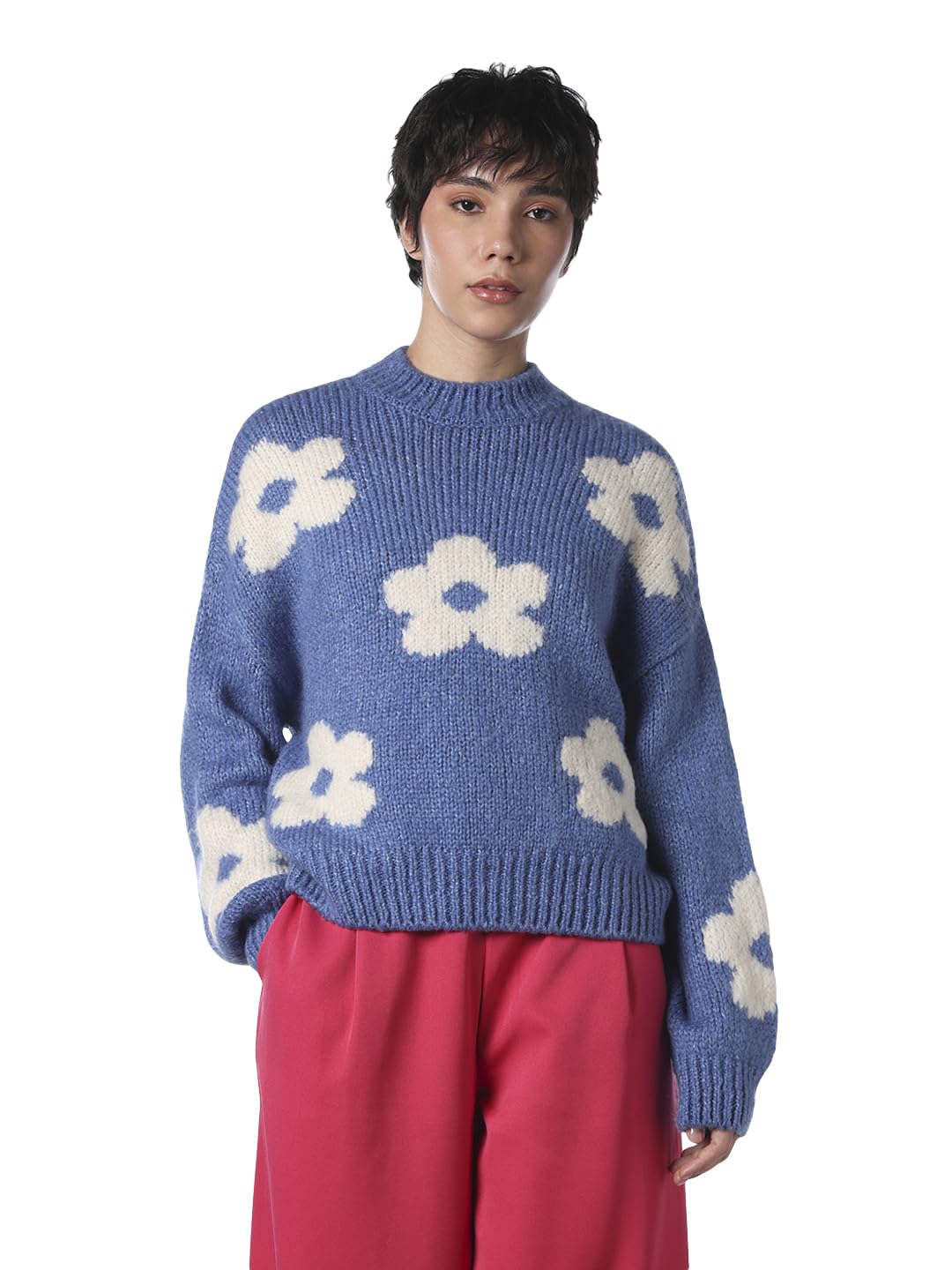 ONLY Jdykilian Flower Floral Self Design Pullover with Fuzzy Detail