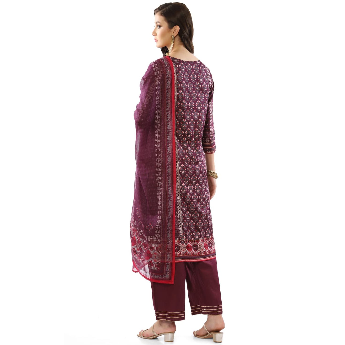 BIBA WOMEN PRINTED NARROW SALWAR KURTA DUPATTA(SKDINAYAT8188_WINE_38)