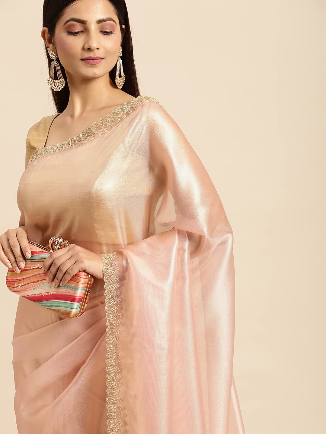 MOHEY Saree, Pink Organza Weaved Saree for Womens, Sari for Wedding, Party, Anniversary (Pink)