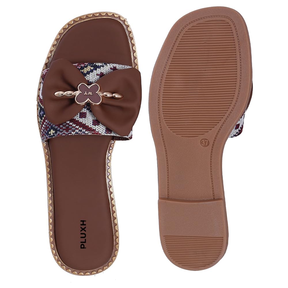 Pluxh Women's Ethnic Woven Crossover Flat Slide Sandals with Satin Bow, Metal Clover Charm & Gold Studded Sole | Casual Slip-On Sandals for Women & Girls|3UK