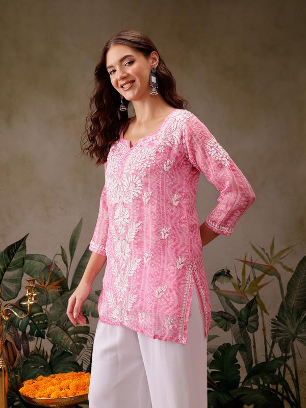 Ada Hand Embroidered Lucknowi Chikankari Printed Kota Doria Short Kurti Top Tunic with Slip for Women A911442 Pink (2XL)