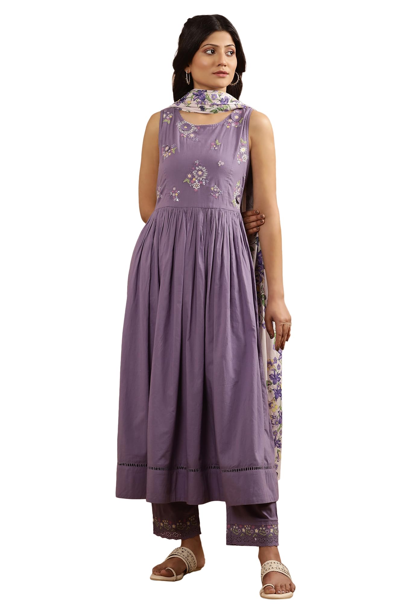 W for Woman Purple Embroidered A-line Kurta, Pants and Printed Dupatta Set (Size: 3XL)-24FEWS11008-221864